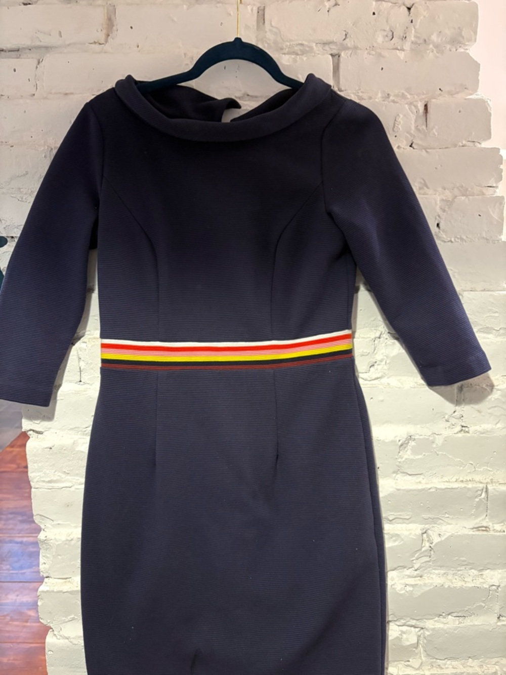 Boden Navy Sheath Dress with Rainbow Waistband